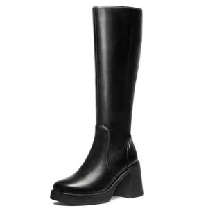 Choiran Black Knee High Boots for Women - Wide Calf Platform Tall Boots Square Toe Chunky Block Heeled Gogo Boots B 8.5