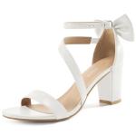 Reimferce Chunky Heels for Women Wedding: White 7.5 Comfortable Ladies Bow Heel Sandals for Prom Party - Bridal Dressy Walking Shoes