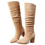 Erocalli Suede Knee-High Boots Fall Boot For Women Chunky Block High Heel Slouch Fashion Boot Round Toe Side Zipper