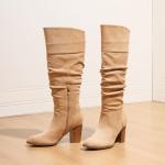 Erocalli Suede Knee-High Boots Fall Boot For Women Chunky Block High Heel Slouch Fashion Boot Round Toe Side Zipper