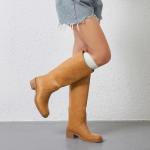 Gothictor Women's Banana Knee High Boots Square Toe Chunky Block Heel Comfortable Low Heel Pull on Wide Calf Riding Long Boots for Women Banana,Size 9