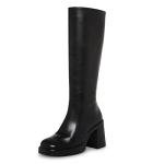 SOVANYOU Black Leather Boots Platform Knee High Boots for Women Chunky Block Heeled Go-Go Boot Square Toe High Heel Tall Boot Side Zip