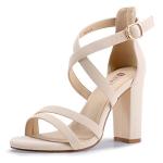 IDIFU Women's Chunky Heel Sandal Strappy Open Toe Ankle Strap Dress Shoes for Women Bridesmaid Ladies in Wedding Evening Homecoming Prom (Nude Nubuck, 7.5 M US)