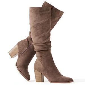 Putu Women's Pointed Toe Knee High Boots Faux Suede Slouch Boots with Chunky Heel Brown Size 7