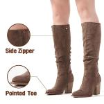 Putu Women's Pointed Toe Knee High Boots Faux Suede Slouch Boots with Chunky Heel Brown Size 7