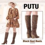 Putu Women's Pointed Toe Knee High Boots Faux Suede Slouch Boots with Chunky Heel Brown Size 7
