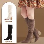 Putu Women's Pointed Toe Knee High Boots Faux Suede Slouch Boots with Chunky Heel Brown Size 7