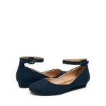 DREAM PAIRS Women's Dress Flats Ballet Low Wedge Round Toe Ankle Strap Comfortable Casual Flats Shoes,Size 9,Navy/Suede,REVONA