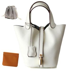 Genuine Leather Lock Design Bucket Bag Vegetable Basket, Fashionable and Versatile Satchel Handbag