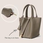 Genuine Leather Lock Design Bucket Bag Vegetable Basket, Fashionable and Versatile Satchel Handbag
