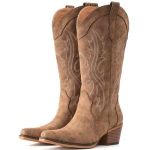 IUV Cowboy Boots For Women Western Cowgirl Boots with Chunky Heel Mid Calf Snip Toe Ideal for low insteps