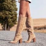 Erocalli Suede Knee-High Boots Fall Boot For Women Chunky Block High Heel Slouch Fashion Boot Round Toe Side Zipper