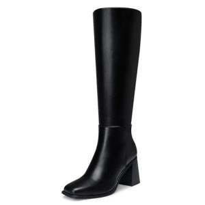 CELLENZ Women's Knee High Boots: Comfortable Gogo Chunky Boot - Black Leather Tall Boots for Women - Wide Calf Fall Winter Boot Size 8