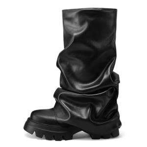 VOMIRA Slouchy Boots Fold Over Boot for Women Wide Calf Boot Black Platform Boots