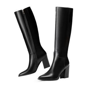 vivianly Women's Knee-High Boots, Sexy Pointed Toe Block Heel Zipper, Fashion Retro High Boots
