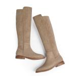 Modatope Knee High Tan Suede Flat Rounded Toe Boots Low Chunky Heel Elastic Fashion Fall Winter Boot Block Heels Riding Boot 2025 with Side Zipper Size 7