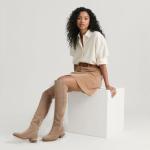 Modatope Knee High Tan Suede Flat Rounded Toe Boots Low Chunky Heel Elastic Fashion Fall Winter Boot Block Heels Riding Boot 2025 with Side Zipper Size 7