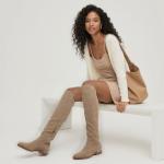 Modatope Knee High Tan Suede Flat Rounded Toe Boots Low Chunky Heel Elastic Fashion Fall Winter Boot Block Heels Riding Boot 2025 with Side Zipper Size 7