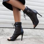 UTIKLIOU Womens Mesh Sandals Peep Toe High Top Sandals Lace Up Summer Boots Buckle Strap Party Sexy Pump Shoes Open toe (Black Size 6.5-7)