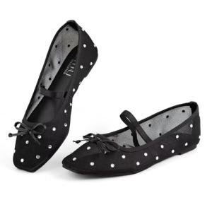 MUSSHOE Lace Women's Flats with Rhinestone：Square Toe Ballet Flats：Slip-on Dressy Comfortable Casual Ballerina Shoes for Wedding Bridal Work,Black 9