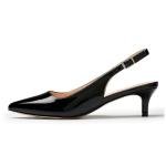 GENSHUO Black Women's Low Kitten Heel Slingback Ankle Strap Pump Pointed Toe Comfortable Formal Party Wedding Dress Shoes Patent Leather Size 9