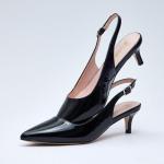 GENSHUO Black Women's Low Kitten Heel Slingback Ankle Strap Pump Pointed Toe Comfortable Formal Party Wedding Dress Shoes Patent Leather Size 9