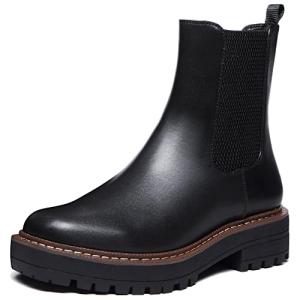 Athlefit Women's Chelsea Ankle Boots Platform Slip On Chunky Heel Lug Sole Leather Booties Black 9