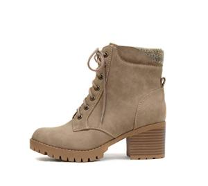 Soda Single Lug Sole Chunky Heel Combat Ankle Boot Lace up w/Side Zipper (Light Taupe, 7.5)