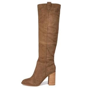 Erocalli Suede Knee-High Boots, Brown Fall Boot For Women Chunky Block High Heel Slouchy Boot Round Toe Side Zipper