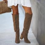 Erocalli Suede Knee-High Boots, Brown Fall Boot For Women Chunky Block High Heel Slouchy Boot Round Toe Side Zipper