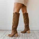 Erocalli Suede Knee-High Boots, Brown Fall Boot For Women Chunky Block High Heel Slouchy Boot Round Toe Side Zipper