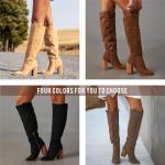 Erocalli Suede Knee-High Boots, Brown Fall Boot For Women Chunky Block High Heel Slouchy Boot Round Toe Side Zipper