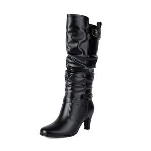 UTIKLIOU Women's Knee High Boots Wide Calf Slouchy Boots Low Heel Pull On Round Toe Black Size 7