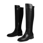 Modatope Black Boots Women Rounded Toe Flat Knee High Boots Low Block Chunky Heel Elastic Fall Winter Boot Fashion Riding Boot Women with Side Zipper Size 8