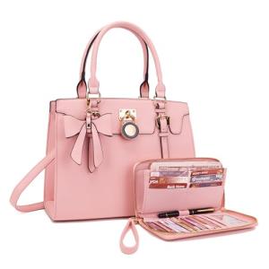 Qiyuer Women Purses And Handbags Set Ladies Top Handle Satchel Tote Shoulder Work Bag With Matching Clutch Wallet 2PCS Pink