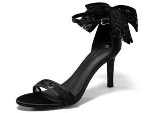 Coutgo Womens High Heels Sandals Lace Bow Tie Back Open Toe Ankle Strap Sexy Stiletto Wedding Party Dress Shoes, Black, Size 8.5