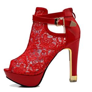 getmorebeauty Women's Red Pretty Lace Flowers Open Toes High Heels Ankle Boots 9.5 US