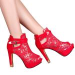 getmorebeauty Women's Red Pretty Lace Flowers Open Toes High Heels Ankle Boots 9.5 US