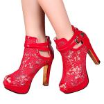 getmorebeauty Women's Red Pretty Lace Flowers Open Toes High Heels Ankle Boots 9.5 US