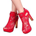 getmorebeauty Women's Red Pretty Lace Flowers Open Toes High Heels Ankle Boots 9.5 US
