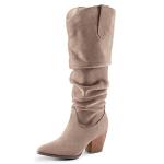 mysoft Women's Cowboy Knee-High Boots Pointed Toe Mid Chunky Heel Pull On Slouchy Boots with Zippers