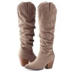 mysoft Women's Cowboy Knee-High Boots Pointed Toe Mid Chunky Heel Pull On Slouchy Boots with Zippers