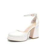 DREAM PAIRS Women's Chunky Platform High Heels Closed Toe Block Ankle Strap Dress Wedding Party Pumps Shoes,Size 8,White-Pu,SDPU2372W