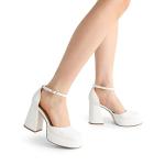 DREAM PAIRS Women's Chunky Platform High Heels Closed Toe Block Ankle Strap Dress Wedding Party Pumps Shoes,Size 8,White-Pu,SDPU2372W