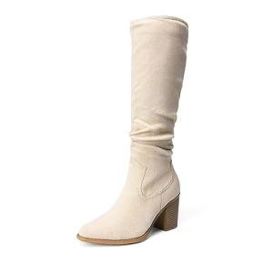 DREAM PAIRS Women's Knee-High Boots, Comfortable Chunky Block Heel Pointed Toe Pull On Side Zipper Suede Slouch Riding Boots,Size 7,Beige,SDKB2308W
