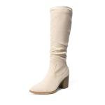 DREAM PAIRS Women's Knee-High Boots, Comfortable Chunky Block Heel Pointed Toe Pull On Side Zipper Suede Slouch Riding Boots,Size 7,Beige,SDKB2308W