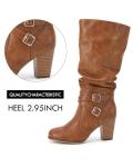 Ermonn Womens Mid Knee High Boots Chunky Heel Slouchy Metal Buckle Side Zipper Fashion Winter Shoes