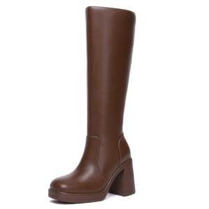Athlefit Brown Boots Women Fall Knee High Platform Boots Waterproof Leather Chunky Blocked Booties Size 7
