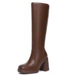 Athlefit Brown Boots Women Fall Knee High Platform Boots Waterproof Leather Chunky Blocked Booties Size 7
