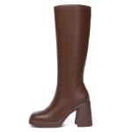 Athlefit Brown Boots Women Fall Knee High Platform Boots Waterproof Leather Chunky Blocked Booties Size 7